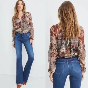 Veronica Beard Women's Jayce Patchwork 100% Silk Blouse Tan Burgundy Size 6